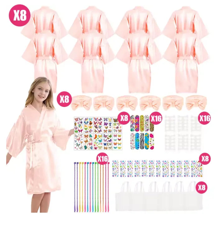 6-15Pcs Spa Party Robes for Girls Supplies Favors Kids Gowns Robe Soft Spa Headband Sleepover Birthday Party