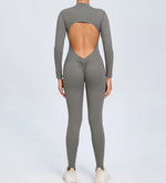 Hearuisavy Summer V Back Sports Jumpsuit Yoga Clothes Rompers Women Long Sleeveles Workout Bodysuits Backless One-piece Suit