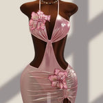 DEKA 2026 New Shiny Pink Flower One Piece Swimsuit High Cut Sleeveless Glossy Bodysuit Sexy Back Monokini Swimwear Beachwear