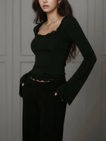 Women's Sexy Lace Patchwork Square Collar Long Sleeve T-Shirt Elegant Slim Fit Flare Sleeve Cropped Top Spring/Fall 2026