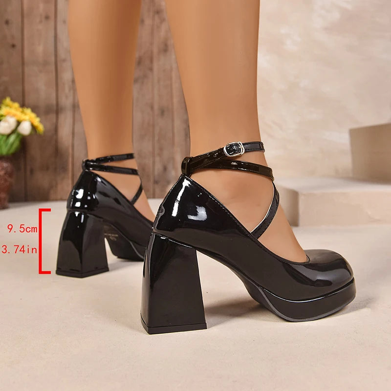 Fashion Ankle Wrap Thick High Heels Pumps Women Elegant Round Toe Platform Mary Jane Shoes Woman Patent Leather Pumps Ladies