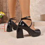 Fashion Ankle Wrap Thick High Heels Pumps Women Elegant Round Toe Platform Mary Jane Shoes Woman Patent Leather Pumps Ladies