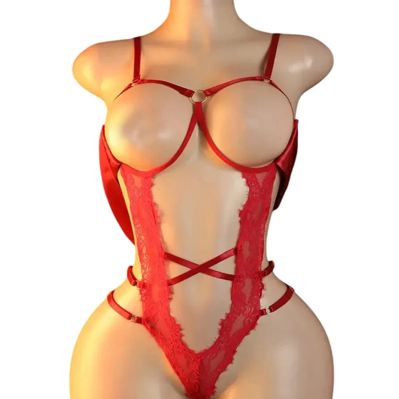Crotchless Sexy Lingerie For Women Hot Erotic Open Bra Underwear Sexy CostumePerspective Temptation Bodysuit Lace Hollow Bra Set