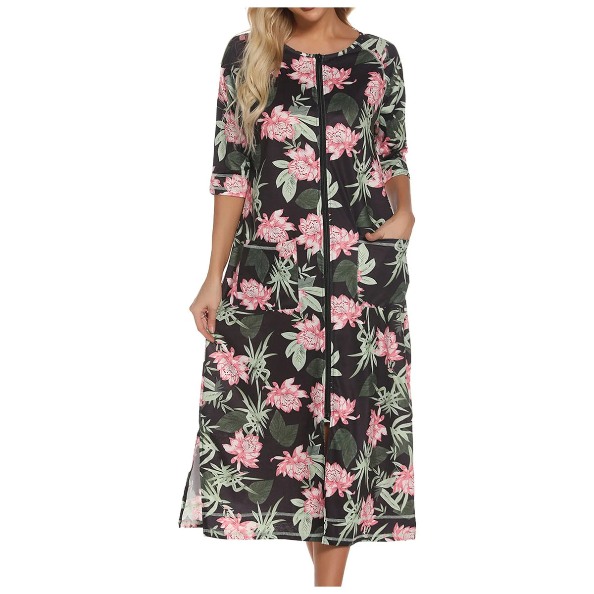 Summer Dresses For Women 2024 Zipper Front Robe Half Sleeve Bathrobe Full Length Soft Cotton Duster Dress With Pockets Home Wear