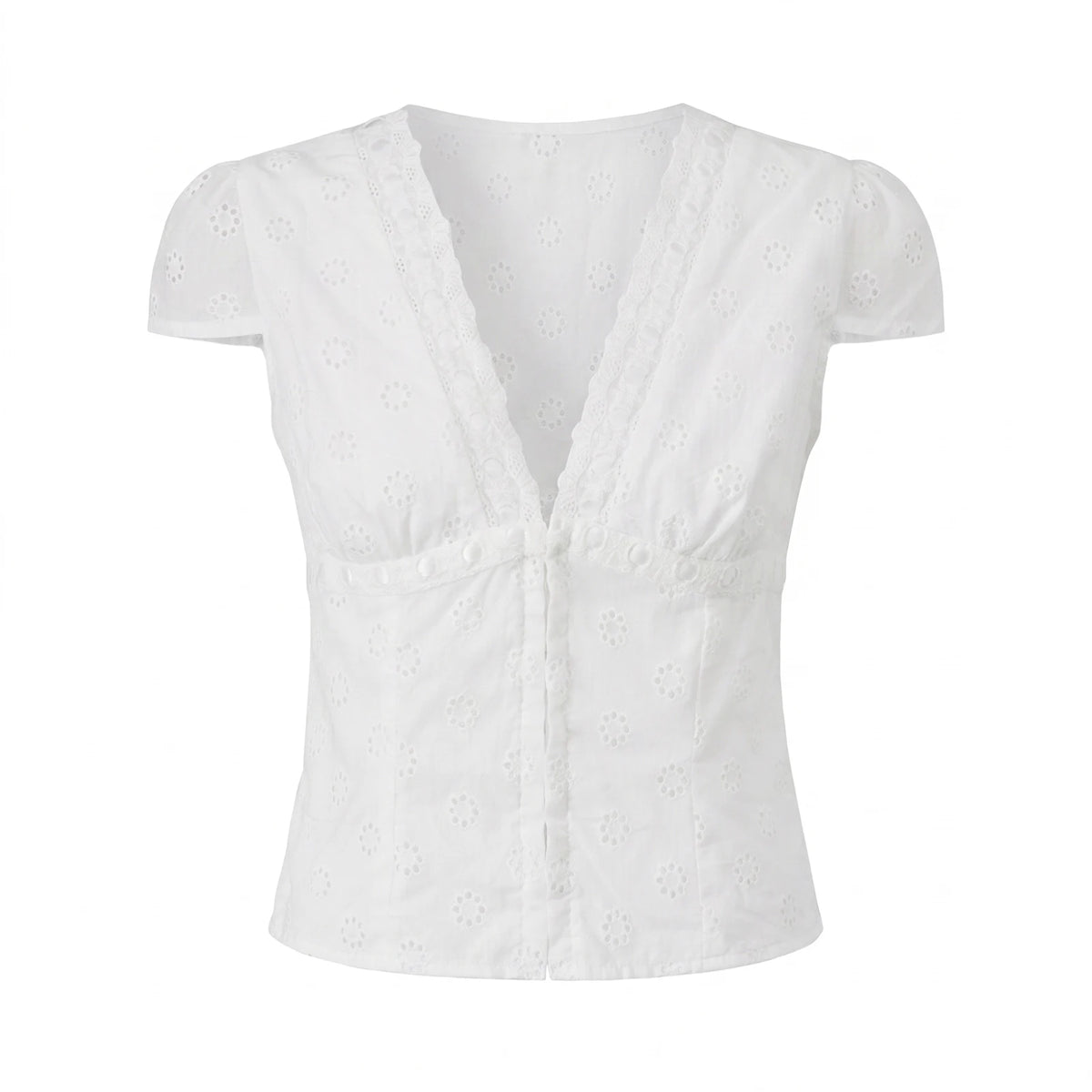 Women's Solid Color Short Sleeve Tops Eyelet V Neck Button Down Slim Fit Shirts Fashion Summer Retro Casual Cropped Blouse