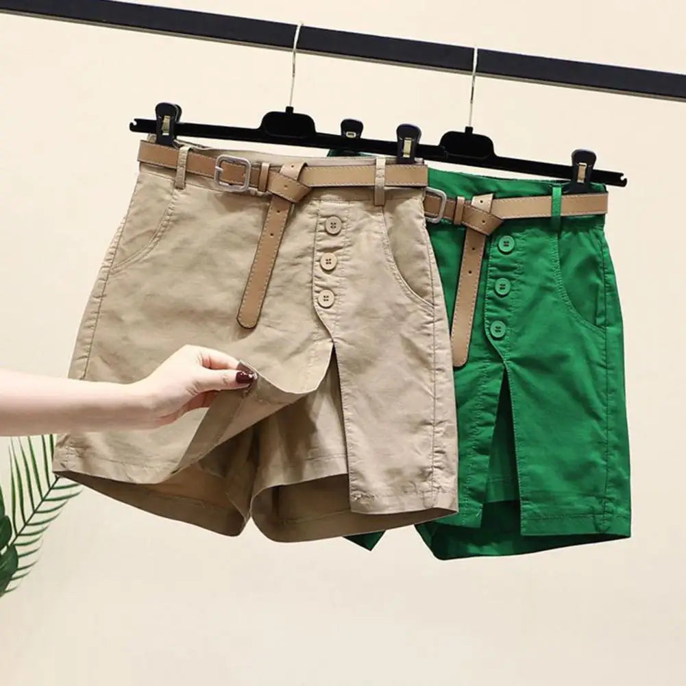 Women Skirt Shorts Above Knee Length High Waist Fake Two Piece Button Decor Side Split Pockets Straight Streetwear