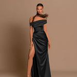 Elegant Satin Solid Color Off-Shoulder Women's Long Dress Sexy High-Waisted Flim Slit Pleated Dress for Lady Party Wedding
