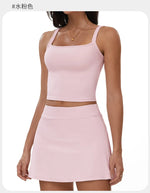 2 Piece Yoga Skirt Set Women Outdoor Neck Hanging Sports Vest High Waist Pleate A Line Skorts Fitness Suit Gym Workout Clothes