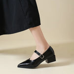 Mid-length Single Shoes Spring and Summer New Fashion Belt Buckle Pointed Toe Comfortable Shallow Toe Leather Shoes