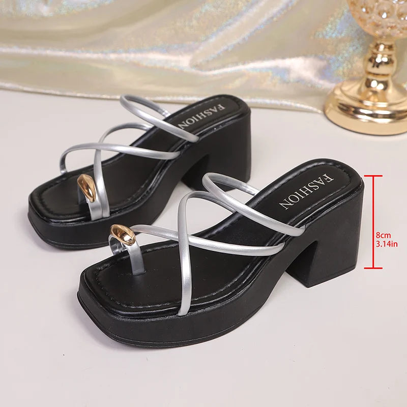 Fashion Clip Toe Chunky Heel Sandals Women 2026 Summer Platform High Heels Slippers Woman Plus Size 42 Cross Strap Sandles Mujer