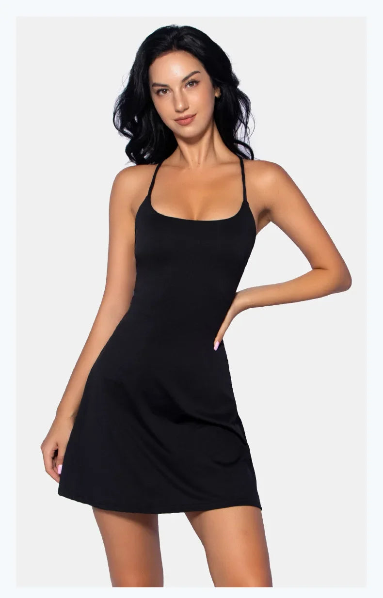 Summer Sleeveless Tennis Dress for Women Pink Hollow Out Backless Lace Up Gym Fitness Golf Badminton Pocket Skirt Suit Sportwear