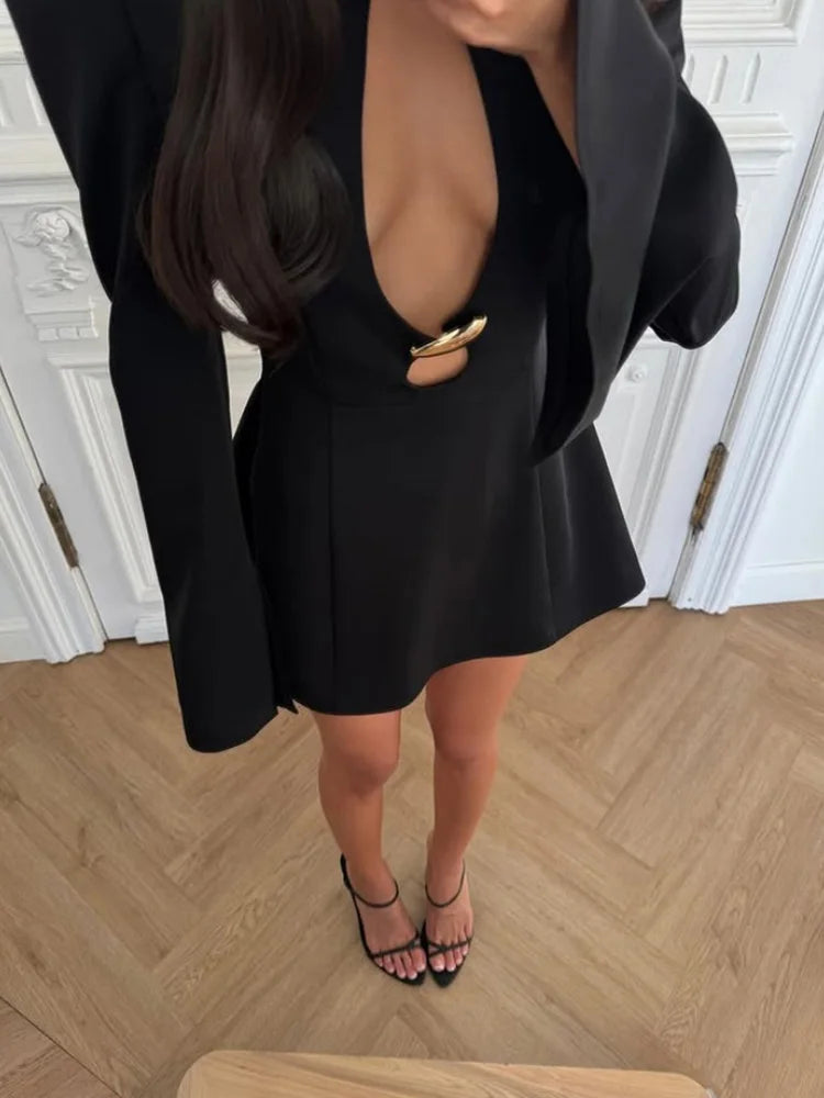 Ahagaga Elegant Women's Mini Dresses Solid Sexy Bodycon Slim Fit Hollow Out Regular Long Flare Sleeve A Line Trend Casual Female