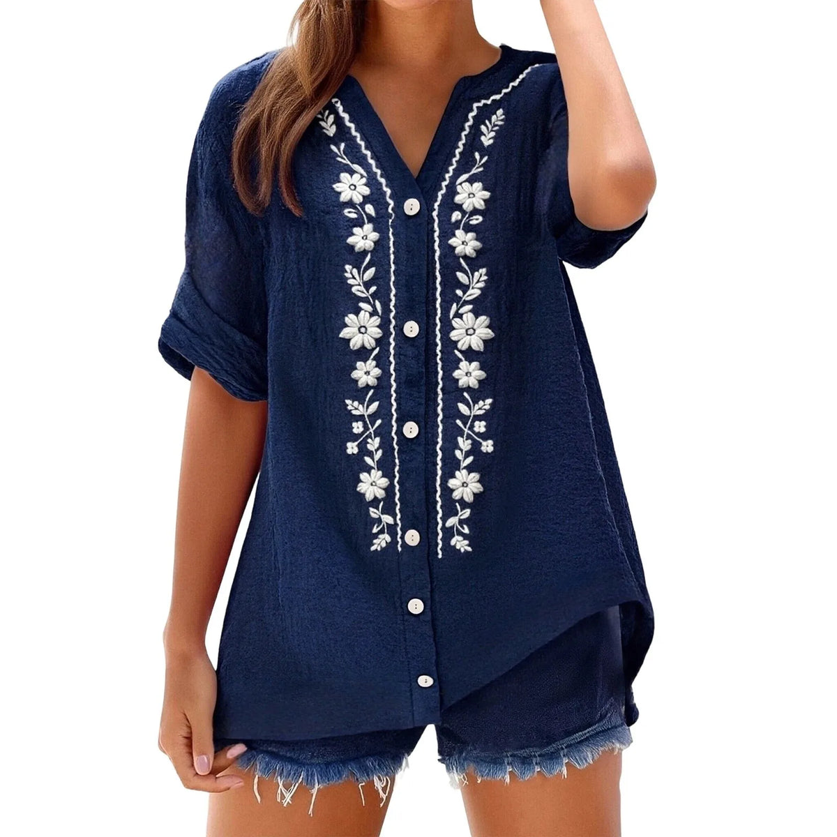 Womens V Neck Embroidered Linen Tunic Shirt Roll Up Sleeve Button Down Loose Fit Casual Boho Blouse Vintage Summer Beach Shirts