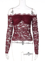 FDYOUI 2026 Spring Summer Wine Red Lace T-shirts for Women Slash Neck Slim Crop Tops Sexy Elegant See-through Short Tee Shirt