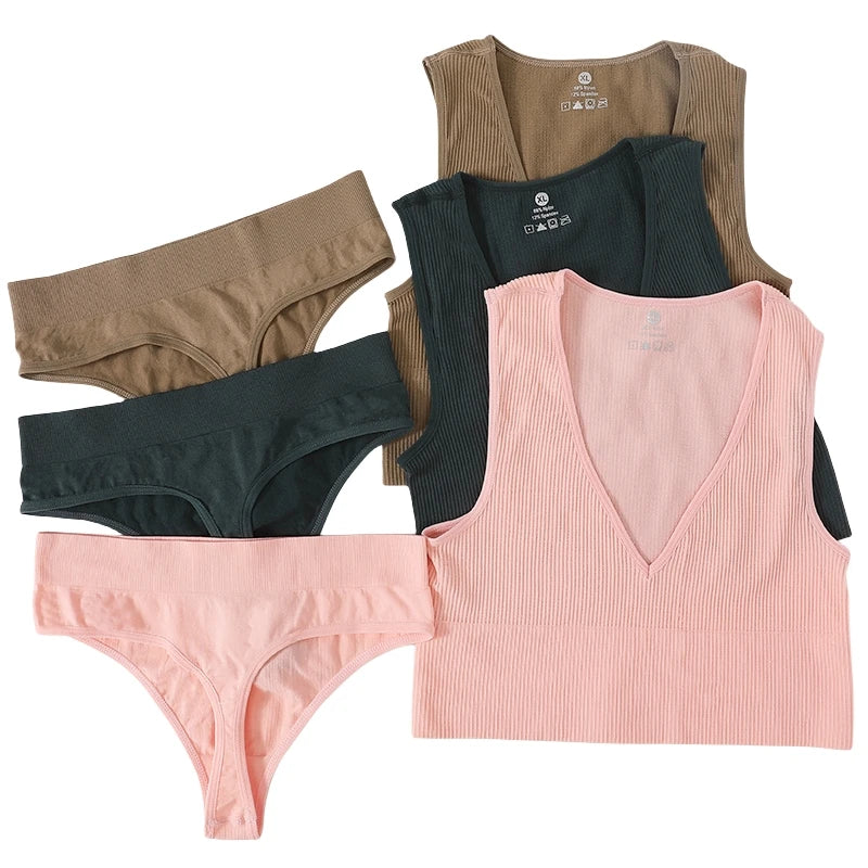 Sexy Women Bra Set Seamless Underwear High Waist Thongs Fashion Bralette Ribbed Tops Brassiere Basic Crop Top Female Lingerie