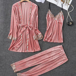 New Velour Pajama Suit Women 3PCS Robe Nightgown Set Sleepwear Lady Winter Velvet Warm Lace Folwer Kimono Bathrobe Gown 2025