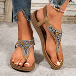Fashion Rhinestone Bohemian Sandals Women 2025 Summer Clip Toe Flats Beach Sandles Woman Non Slip Elastic Band Sandalias Mujer