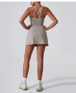Front Zipper Tennis Dresses Women Summer Sleeveless Sports Athletic Dress Outdoor Cross Backless Pocket Short Workout Skirts
