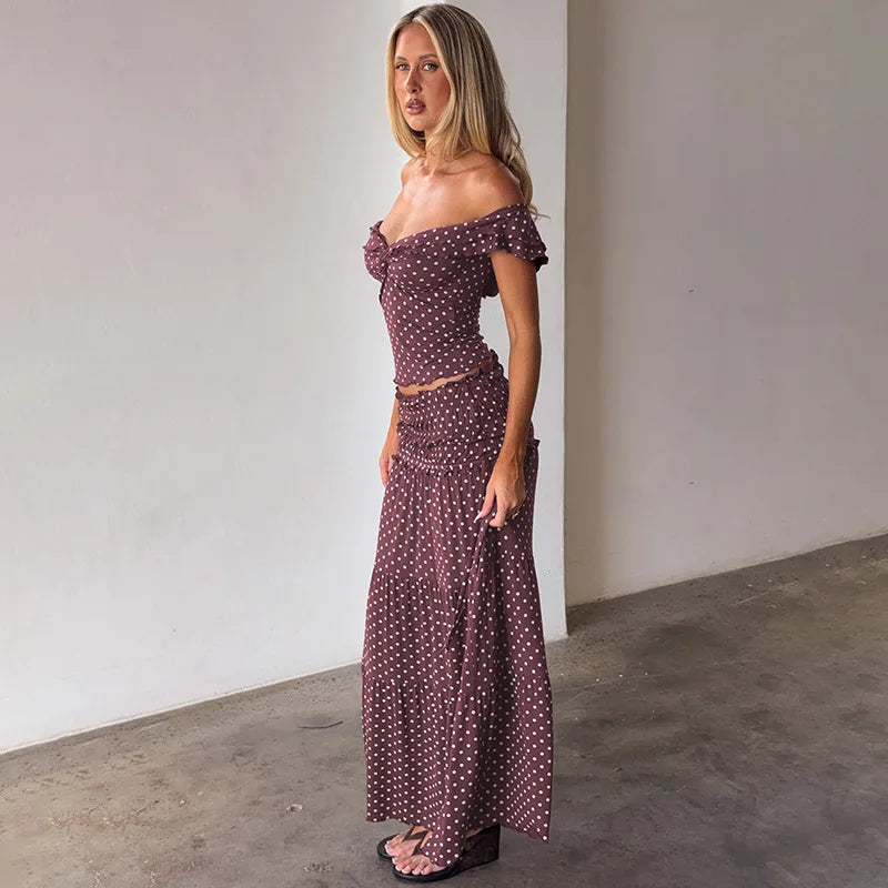 FDYOUI Woman Clothing Polka Dot Crop Tops and Lace-up Skirt Two Piece Sets Female Elegant Slash Neck Long Vacation Dresses Suit