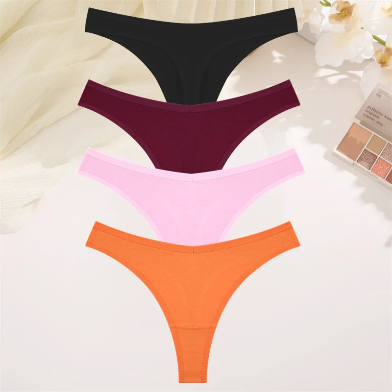 4PCS Women Seamless Thong Cotton Thin Strap Low Waist High Flexibility Panties Sexy Underwear Ladies Briefs T-back Soft Women