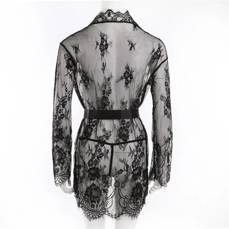 Women Sexy Lingerie Erotic Transparent V-Neck Nightwear Babydoll Robe G-string Costume Kimono Robe Lace Sleepwear Dress