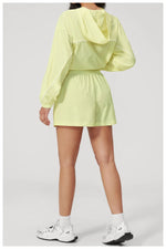 Summer Sun Protection Yoga Suit Women Contrasting Colors Long Sleeve Hoodies Top High Waist Shorts Running Fitness Athletic Wear
