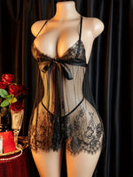 2026 Women Half Sheer Tulle Lingerie Set Open Back Bodysuit Bra Thong Soft Night Lounge Outfit