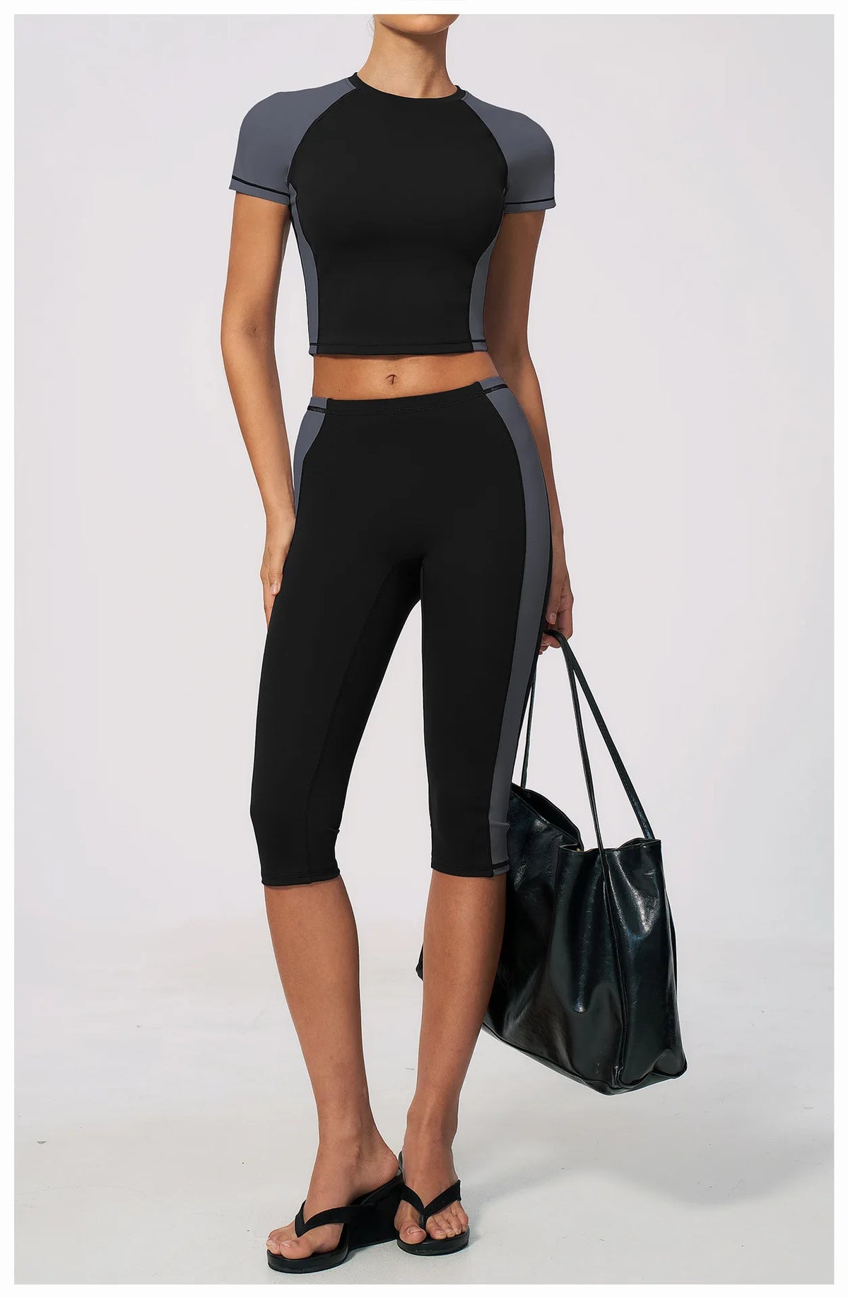 Color Blocking 2PCS Yoga Set Women's Tracksuit Short Sleeve O Neck Sports T Shirts High Waist Cropped Pants Tight Fitness Suits
