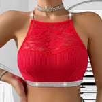 Women Vest Bra See-through Halter Neck Flower Backless Sports Style Knitted Elastic Crop Top Bra for Yoga Gym Running