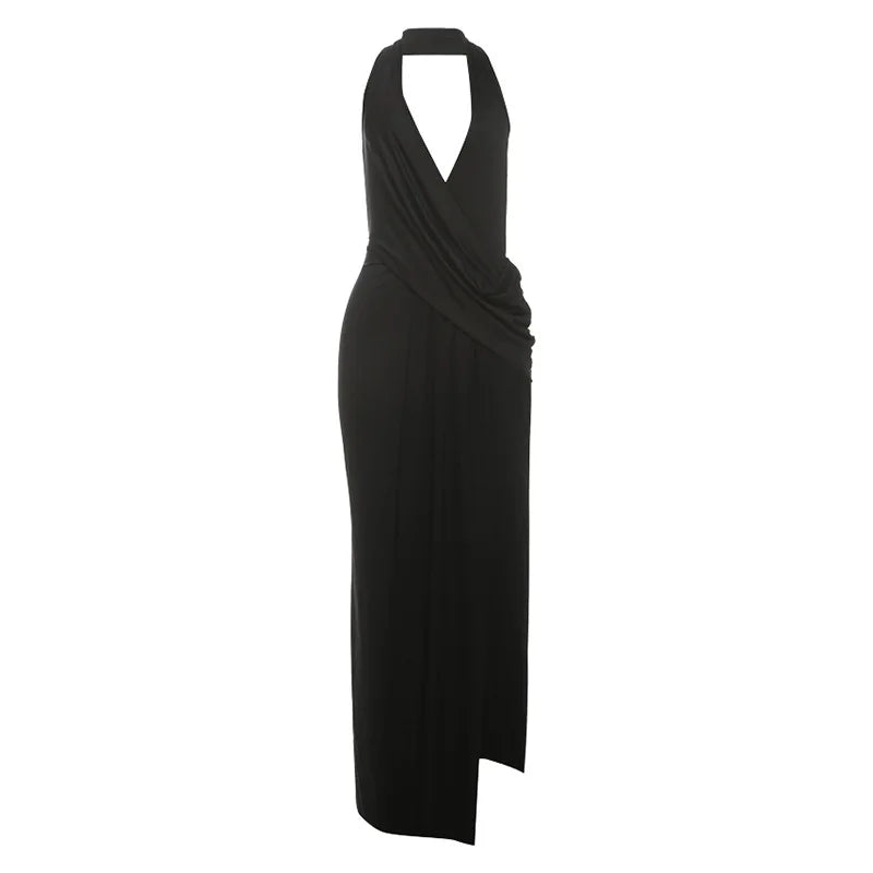 Temperament Halter Neck Party Dresses Women Sexy Deep V-neck Backless Package Hip Slit Dress Hot Girls Club Banquet Vestidos