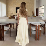 FDYOUI Womens Chic V-neck Sleeveless Pleated Long Maxi Holiday Dress Ladies Summer High Waist Tunics Solid Evening Party Dresses