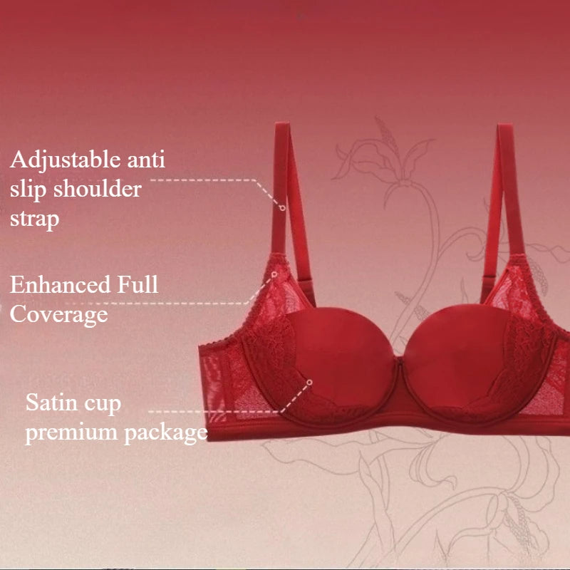 Red Elegant Beauwear Large Size Bra Women's 3/4 Cup Plunge Bras Sexy Lace Bra Unlined Underwire Bralette SWD9075