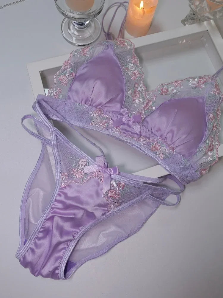 MOYISU Luxury Chinese Style Pure Desire Girl Bra Thin Triangle Cup Purple Embroidery Light Luxury Silk Sexy Lace Underwear Set