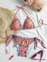 Cute Orange Floral Print Bikini Set Women Halter Ruffles Push Up Tie Side Thong Swimsuit 2026 Summer Bathing Suit Micro Swimwear