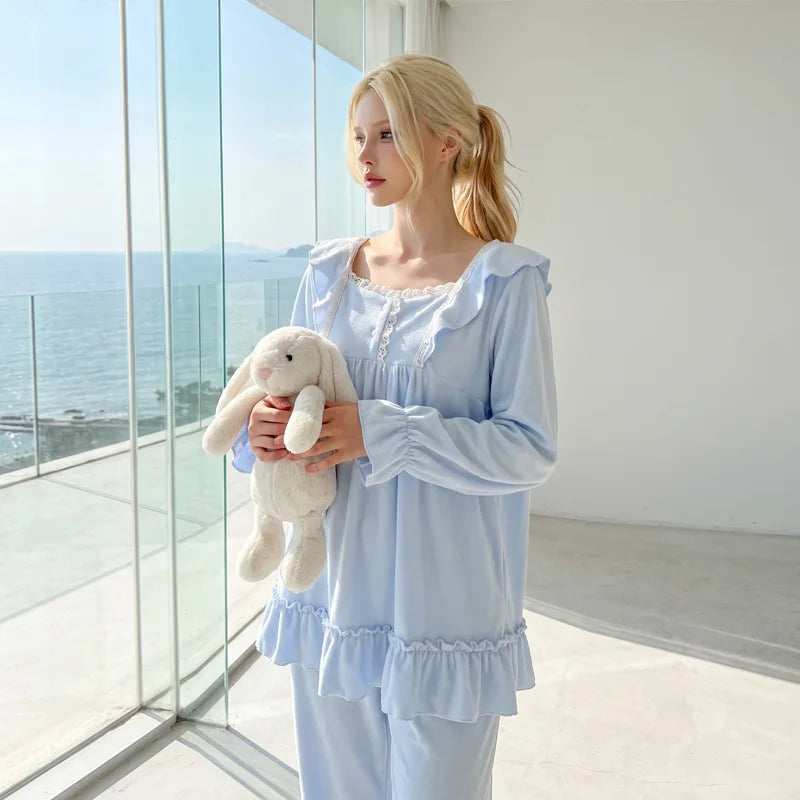 Women Island Fleece Pajama Set, Autumn Winter Sweet Girl Style Cute Double-Sided Fleece Warm Long Sleeve Long Pants Loungewear