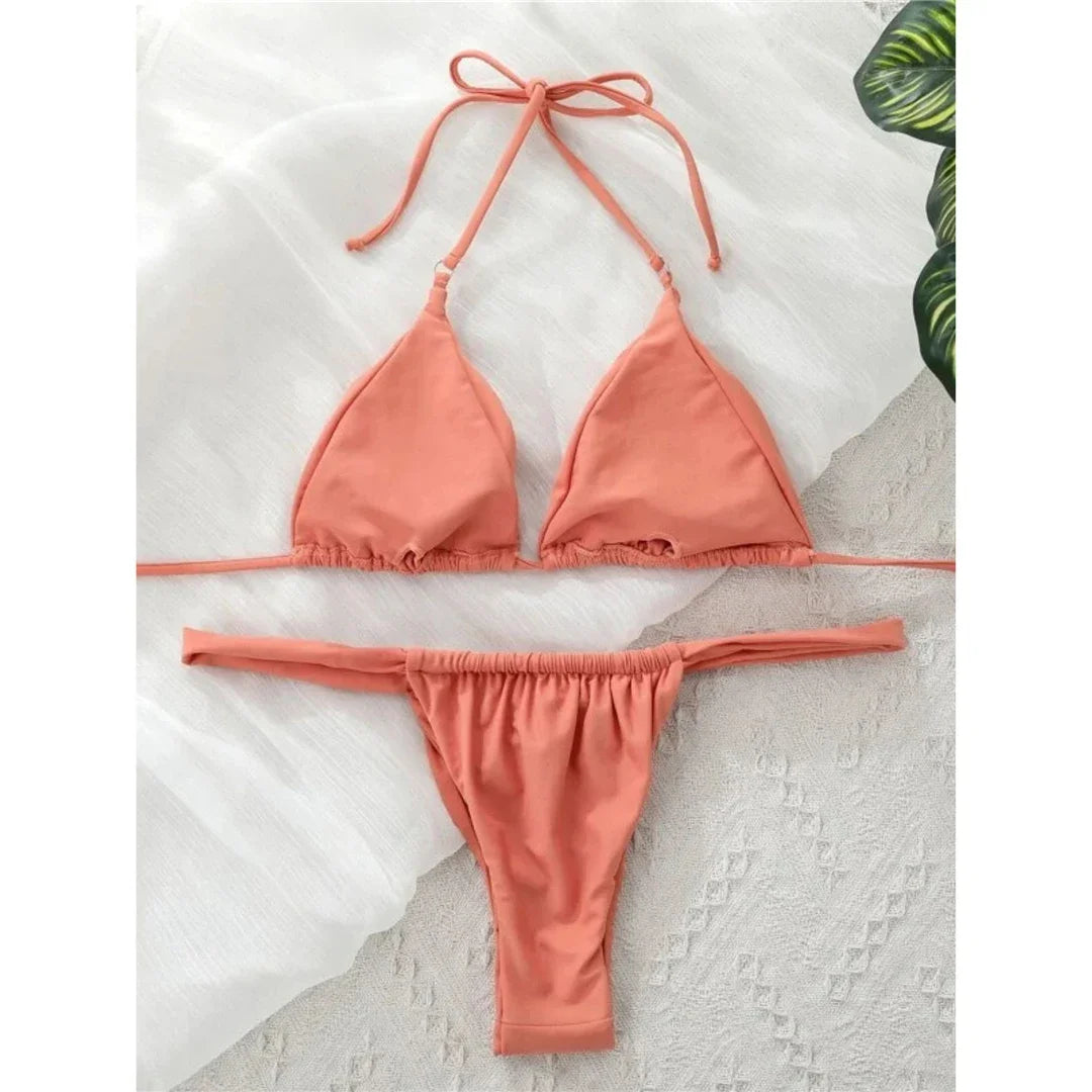 Wrinkled High Cut Mini Micro Thong Bikini Women Swimwear Female Swimsuit Two-pieces Bikini Set Halter Bather Bathing Suit Swim