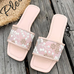 Retro Embroider Low Heel Slippers Women Summer Square Toe Slip On Slides Woman New Anti-Slip Beach Pu Leather Slippers Mujer