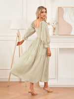 Women Spring Fall Long Dress Long Sleeve Dress Square Neck Embroidery Flower Loose Swing Dress Wit Pocket