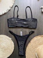 Black rhinestone process bikini sexy thong split swimsuit 2-piece beach set