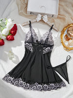 Contrast Black Sexy Lingerie Women Underwear Transparent Sleepwear Lace Nightdress And Thongs Pijamas Sets Female Sexy Nighty
