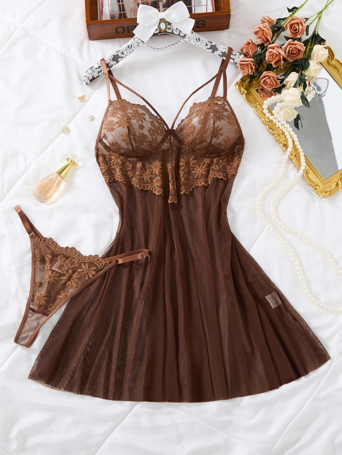 Net fabric see-through deep V nightgown thong set - dark color floral lace strapless fitted sexy nightgown set