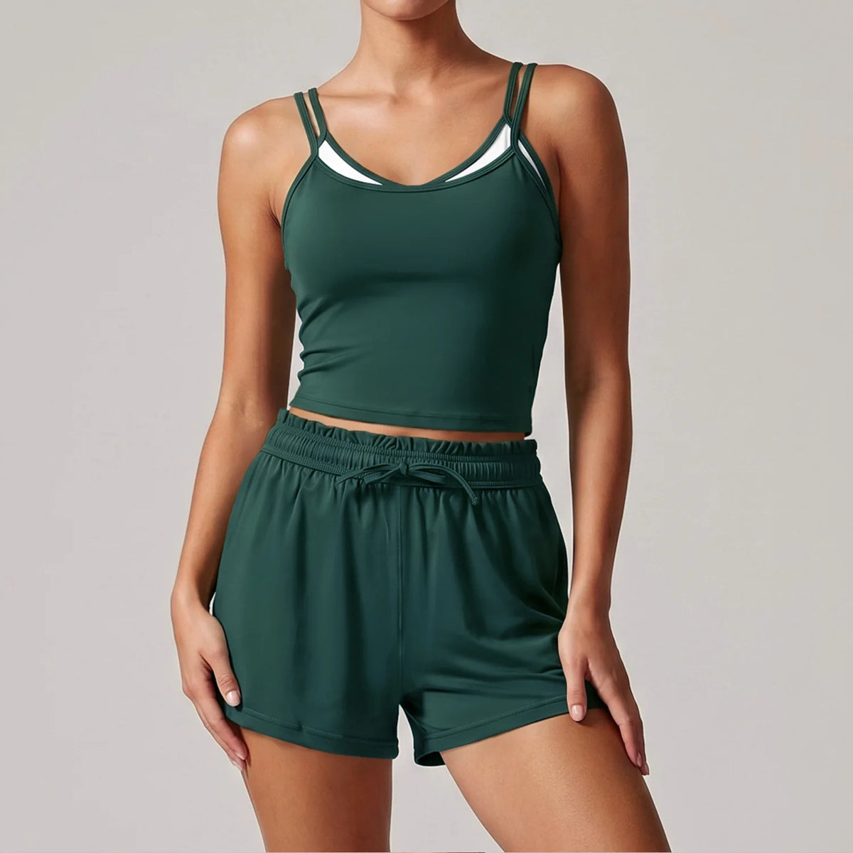 Women's New Summer Yoga Sets Color Blocked Double Strap Workout Tank Top Fitness Suit Drawstring High Waist Short Sport Set