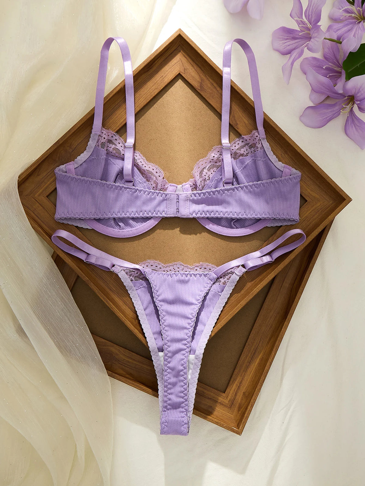 Elegant Purple Lace Bralette And Panty Set - Soft Touch Gathered Support Sexy G-string - Ideal for Gift Or Personal Use
