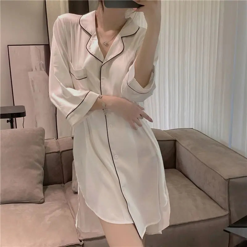 Women's NightgownSilk Sexy Pajamas Women's Sexy Pajamas Shirt Nightgown Silk Homewear Spring and Autumn Dresses