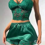 European and American new suspender lace vest top satin shorts sex underwear pajamas loungewear two-piece set women