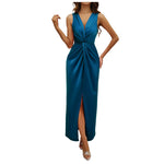 Evening Party Dress For Womens Summer Elegant Formal Dresses Sexy Sleeveless Deep V Neck Pleated Long Vestidos With High Split