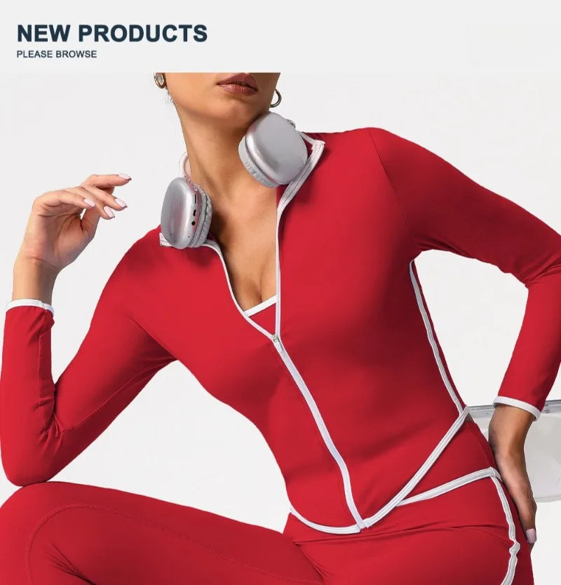 Women's Yoga Top Color-Block Zipper Stand Collar Bare Jacket Autumn Winter Outerwear Running Fitness Long Sleeve Coat
