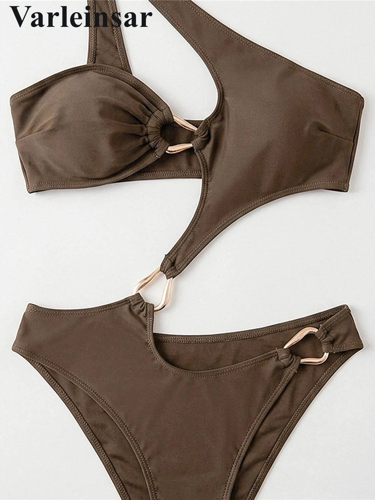 Asymmetric One Shoulder Cut Out One Piece Swimsuit Women Swimwear Female Metal Ring High Cut Leg Bather Bathing Suit Swim V8265