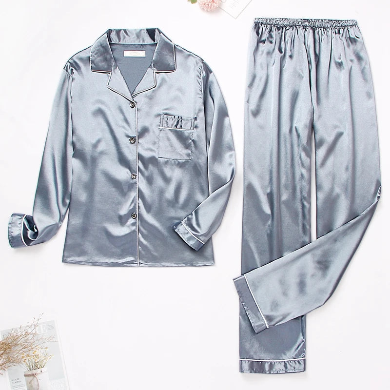 Women's Luxurious Satin Pajamas Pj Set Turn-down Collar Button Tops & Pants Sleepwear & Loungewear for Summer Home Clothes Suit