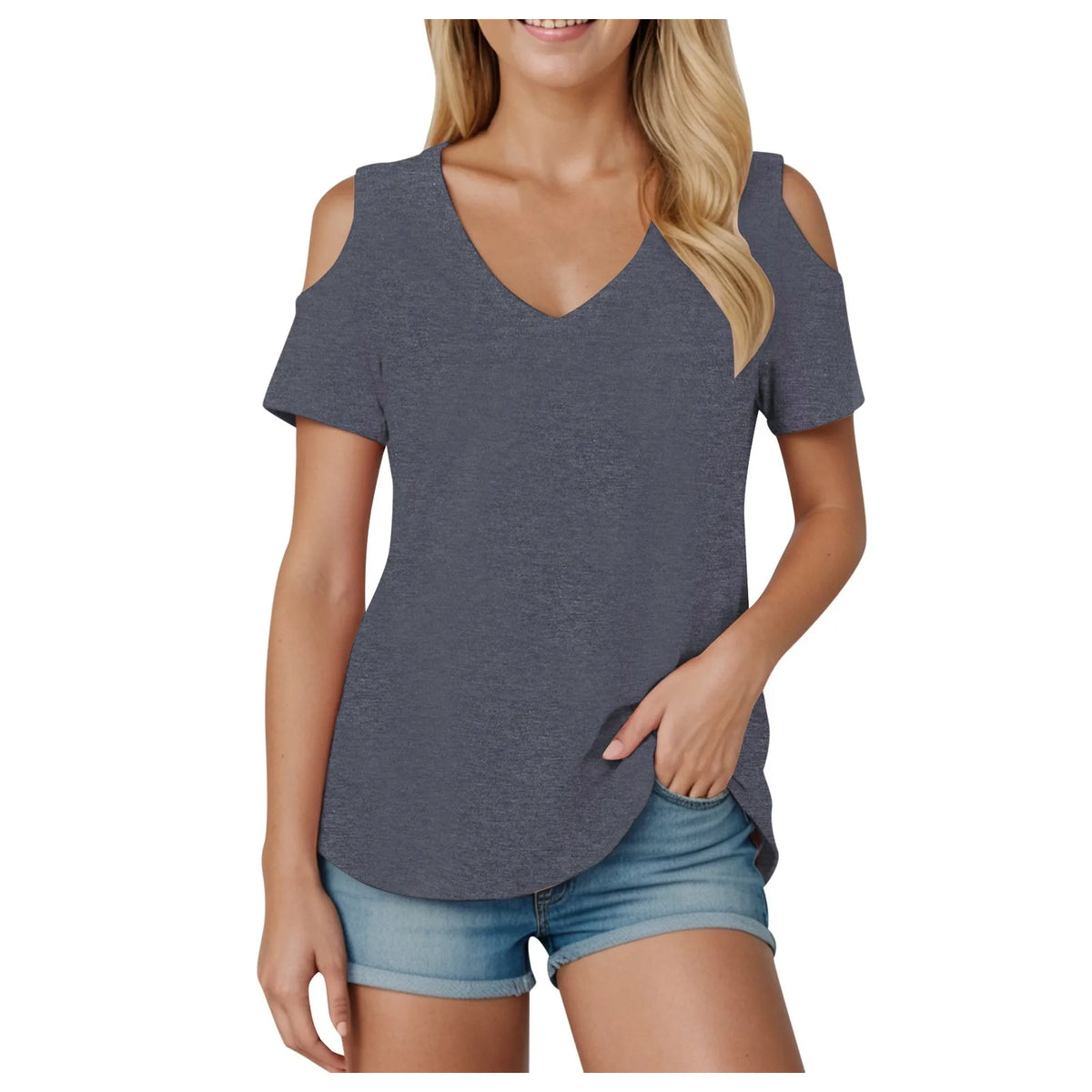 Women V Neck Cold Shoulder Short Sleeve T Shirt Soft Loose Fit Solid Color Basic Tees Spring Summer Casual Daily Streetwear 2026